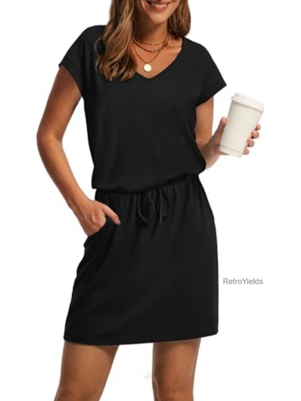 V Neck T Shirt Dress with Pockets Tie Waist Mini Sundress